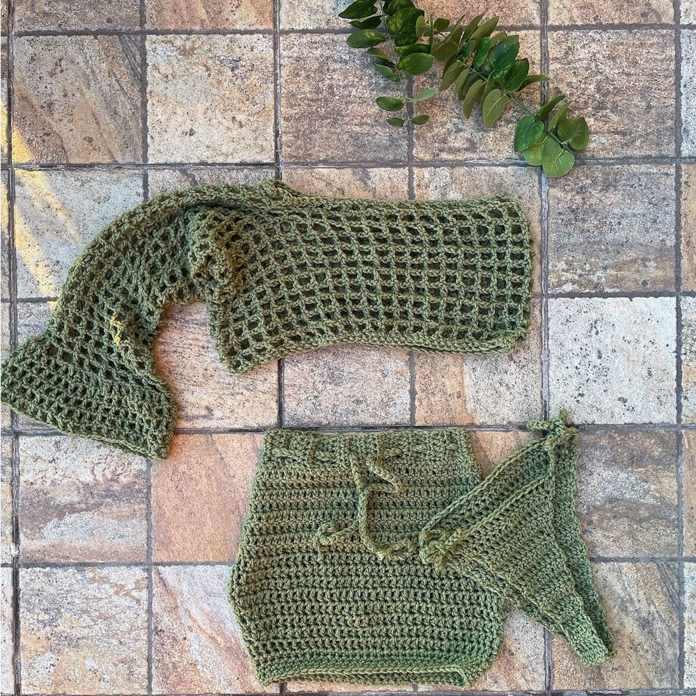Crochet Cotton 3 Piece Set | Off-Shoulder Crop Top, Bikini Bottoms & Mini Skirt